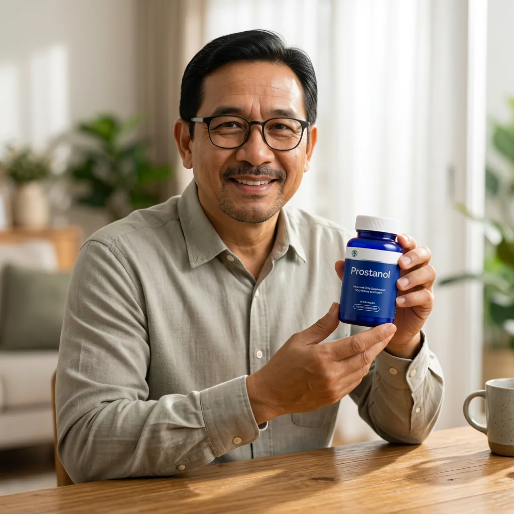 Pria dewasa dengan botol Prostanol